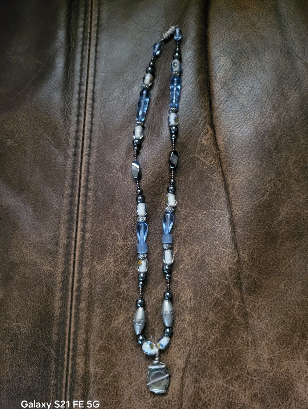Artisan Beaded Statement Necklace, Iridescent Abalone Shell & Blue Glass
